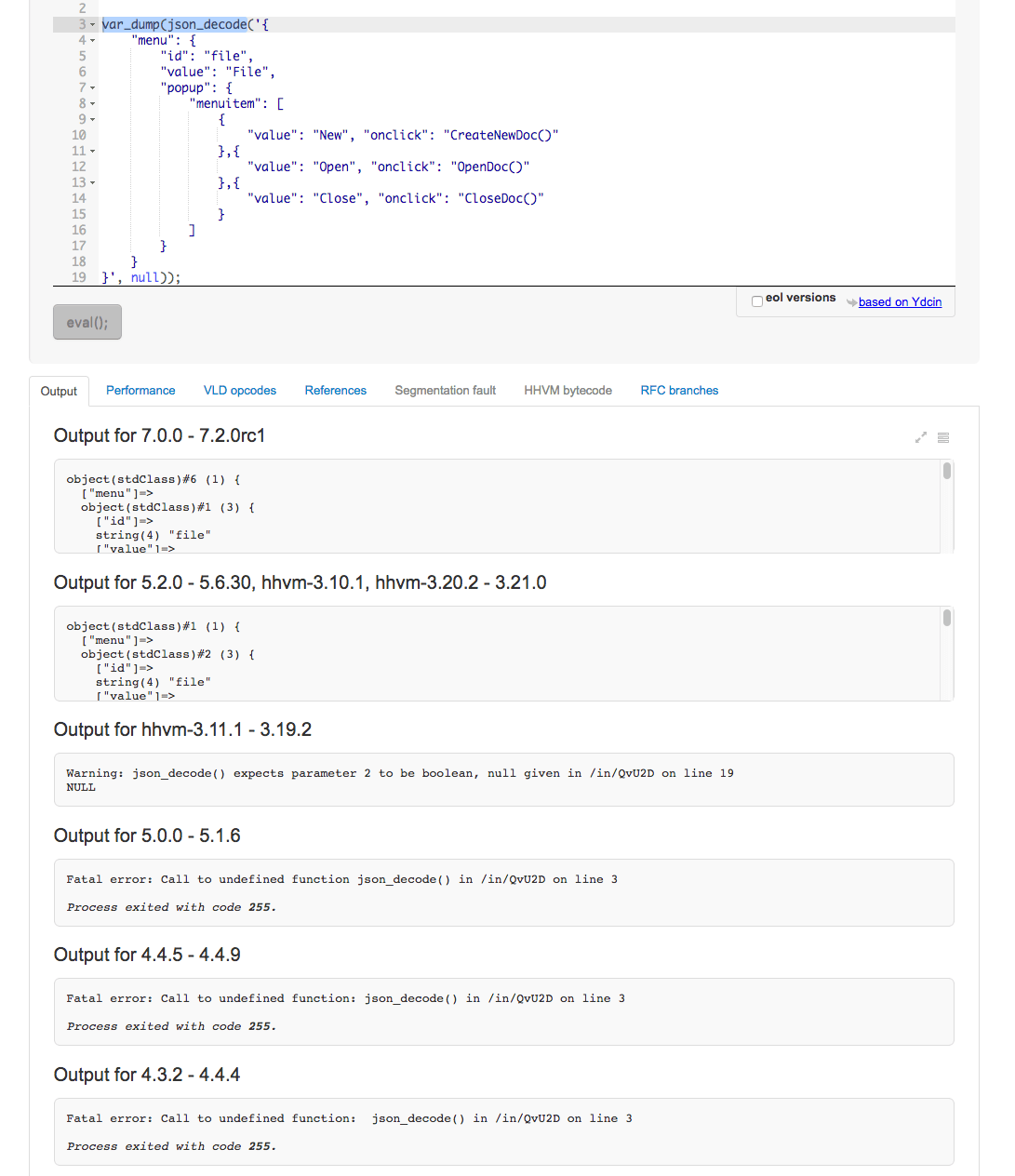 Testing php code for different php versions online