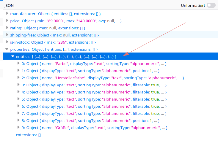 Category filter request and returned json structure