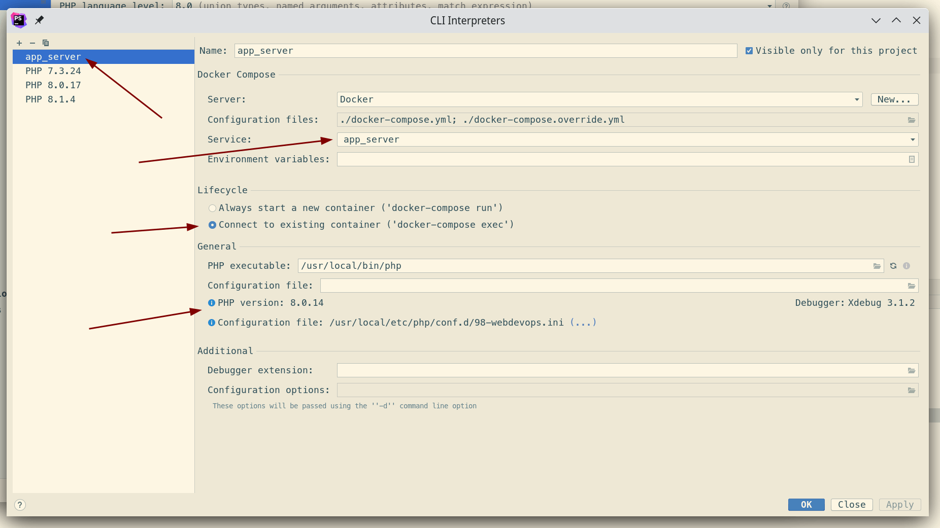 Picture shows the CLI Interpreter configuration for PHP Docker Container.