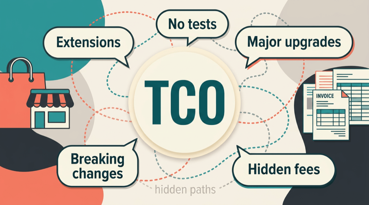 Illustration with TCO at the center, callout bubbles for extensions, missing tests, upgrades, and hidden fees, and dotted paths showing how costs connect back to the shop.