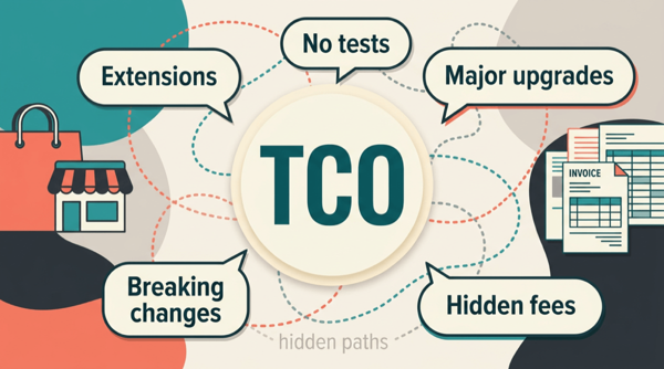 Illustration with TCO at the center, callout bubbles for extensions, missing tests, upgrades, and hidden fees, and dotted paths showing how costs connect back to the shop.